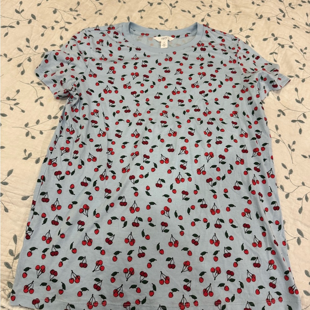 1901 Light Blue Tee with Red Cherry Print